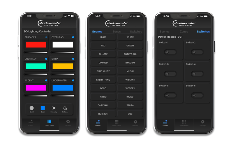 Shadow-Caster Smartphone App Lighting Control screens